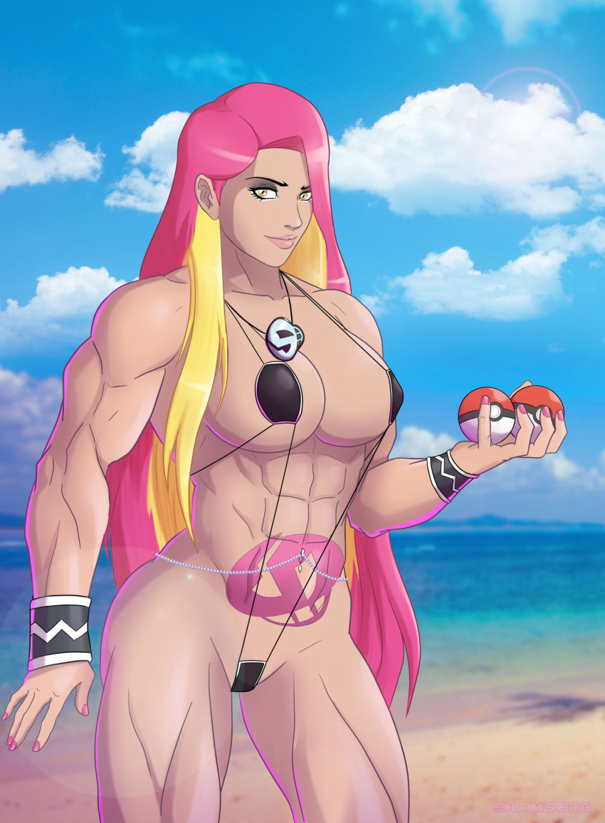 1girls abs beach bikini breasts cleavage dark-skinned_female dark_skin day female female_only holding human human_only large_breasts long_hair looking_at_viewer muscles muscular_female navel navel_piercing nintendo outdoors piercing pink_hair plumeria_(pokemon) poke_ball pokemon pokemon_sm sand shamserg sling_bikini solo tattoo team_skull text thighs toned yellow_eyes yellow_hair