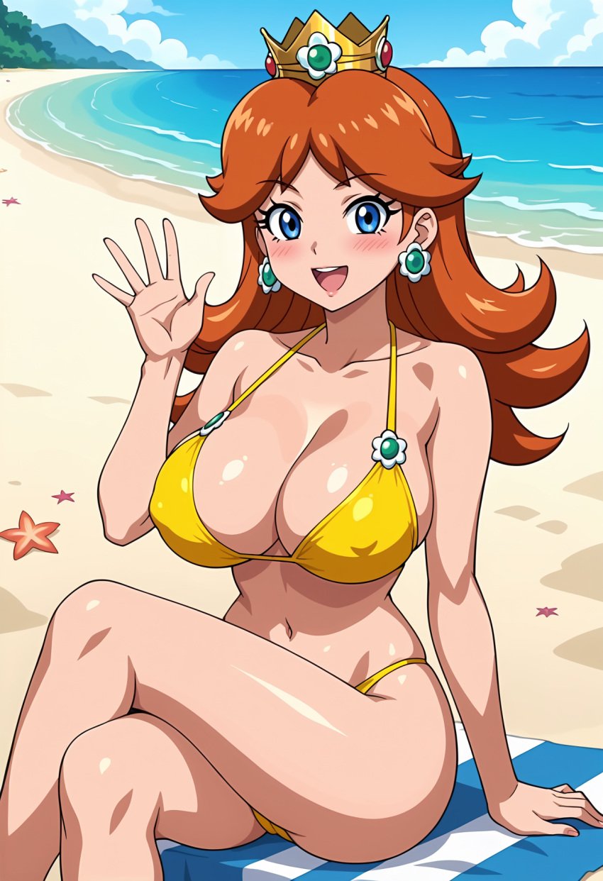 1girls ai_generated alluring androidparanoid beach big_breasts bikini blue_eyes blue_sky brown_hair cleavage crossed_legs crown mario_(series) nintendo ocean princess_daisy super_mario_bros. yellow_bikini