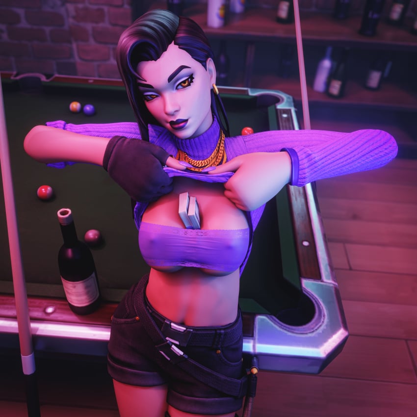 3d bandeau big_breasts cleavage fortnite fortnite:_battle_royale looking_at_viewer macklesternsfw nipple_bulge pov pulling_up_shirt shirt_lift shirt_up valentina_(fortnite)