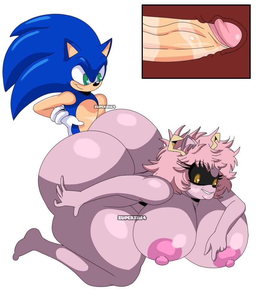 1boy 1girls ashido_mina blue_fur boku_no_hero_academia crossover female male mina_ashido my_hero_academia pink_fur sega sex sonic_(series) sonic_the_hedgehog sonic_the_hedgehog_(series)