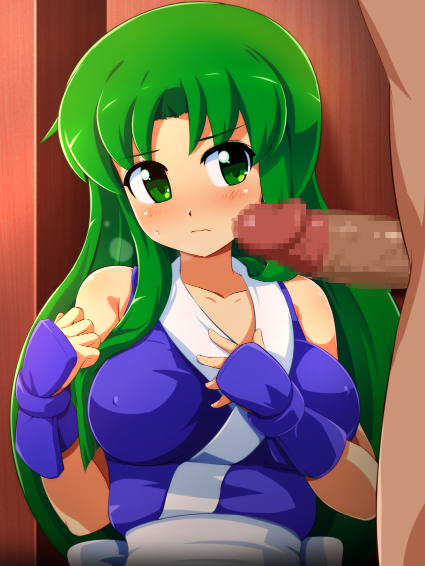 blush breasts censored dark-skinned_male female ganbare_goemon gloves green_eyes green_hair konpeto large_breasts long_hair penis yae_(ganbare_goemon)