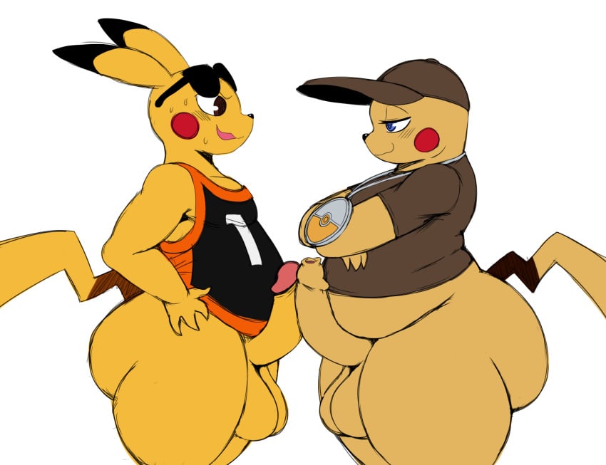 2017 anthro ass balls big_booty_pikachu big_butt blue_eyes bottomless brim_(nokemop) clothed clothing duo erection eye_contact eyelashes frottage long_foreskin looking_at_another male nintendo penis pikachu pokémon_(species) pokemon sex shirt simple_background smile sssonic2 sweat tank_top teapot_(body_type) uncut video_games white_background yaoi