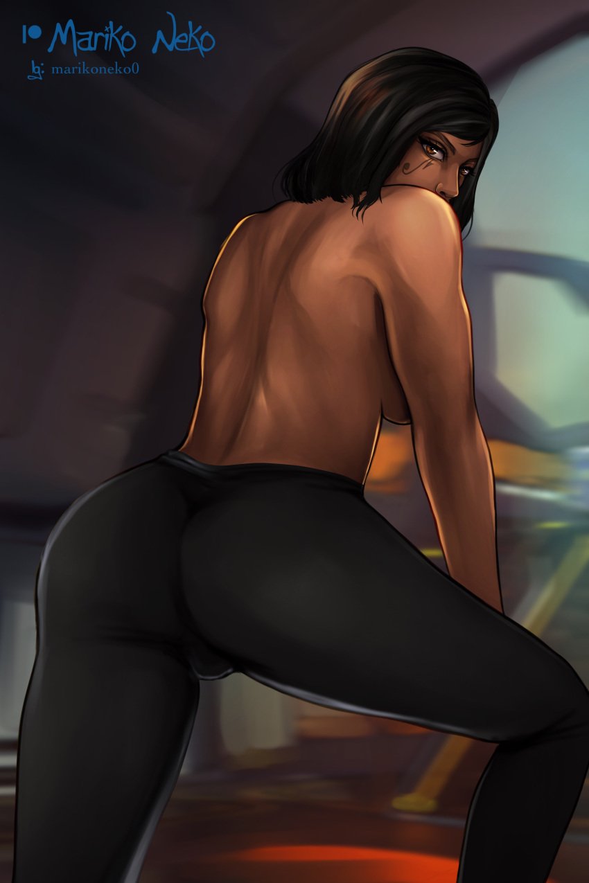 1girls ass ass_focus back black_hair brown_body brown_eyes brown_skin female female_only leggings marikoneko marikoneko0 overwatch overwatch_(logo) overwatch_2 pharah topless topless_female