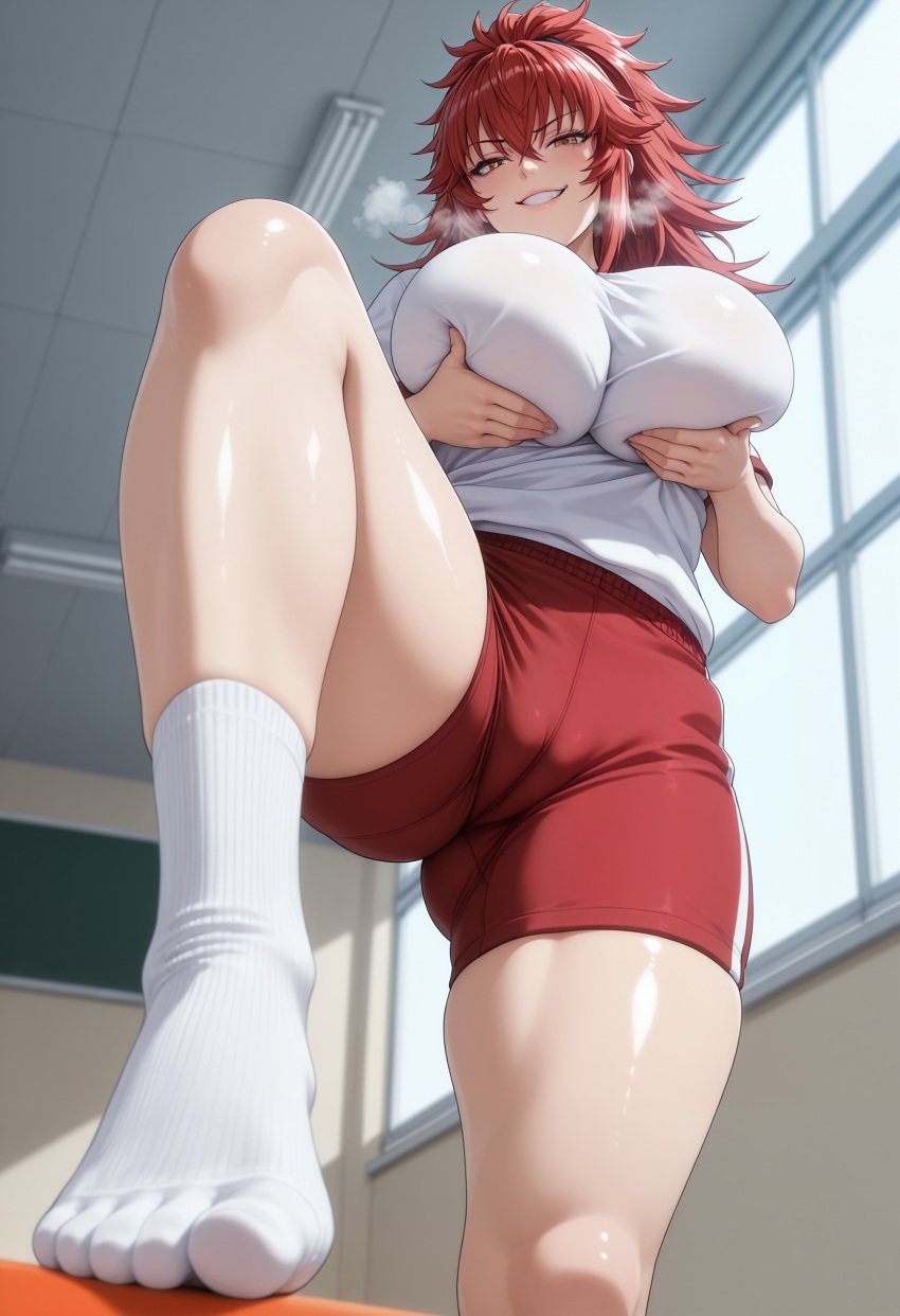 ai_generated big_ass big_breasts big_hips from_below grabbing_breasts gym gym_uniform huge_breasts kikia1 legs_up long_hair looking_down presenting_feet red_hair round_ass round_butt school socks vshojo white_socks wide_hips zentreya