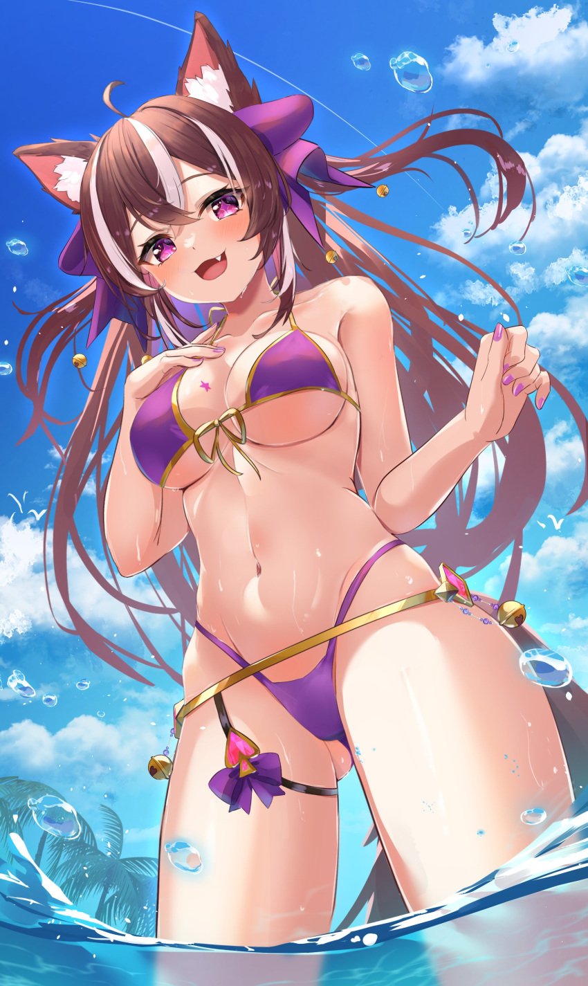 +_+ :3 absurdres ahoge animal_ear_fluff animal_ears bikini blue_sky blush breasts brown_hair chest_tattoo cleavage cloud cute_fang female fox fox_ears fox_girl fox_tail front-tie_bikini_top front-tie_top hai_0013 hair_ribbon hand_on_own_chest highres indie_virtual_youtuber long_hair medium_breasts multicolored_hair nail_polish navel oerba_yun_fang open_mouth palm_leaf palm_tree purple_bikini purple_eyes purple_nails purple_ribbon ribbon rima_evenstar rima_evenstar_(rima_2.0) second-party_source sky smile solo star_tattoo streaked_hair swimsuit tail tattoo tree virtual_youtuber wading water white_hair