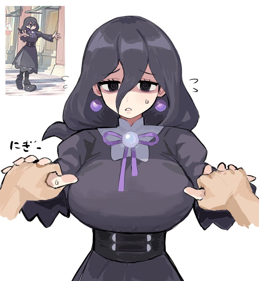 1girls @_@ bfmelu big_breasts black_dress black_eyes black_hair breasts commentary_request creatures_(company) dress earrings female flying_sweatdrops game_freak hair_between_eyes hex_maniac hex_maniac_(z-a) highres holding_hands jewelry large_breasts long_hair long_sleeves looking_at_viewer nintendo parted_lips pokemon pokemon_legends:_z-a pov pov_hands reference_inset shaded_face simple_background solo_focus upper_body white_background