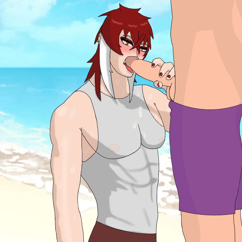 2boys abs ambush_(trap) antonius_drosera beach blowjob cum erect_nipples gay human male male_only multiple_boys muscular_male naked nude_male open_mouth oral oral_sex original original_character penis red_hair sitting swimsuit testicles twink uncensored vtuber yaoi