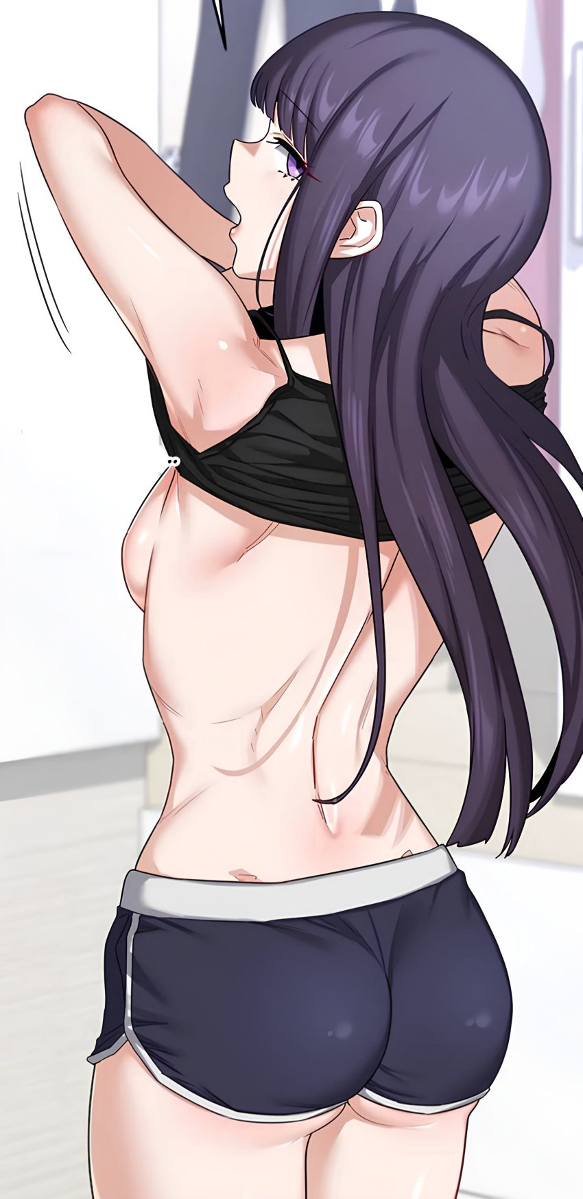 ass back back_view backboob baengkki bang_choah bare_arms bare_legs bare_shoulders bare_thighs black_hair breasts choker indoors long_hair manhwa medium_breasts milf_exchange_plan no_bra parted_lips pornhwa purple_eyes removing_shirt shiny_skin shorts standing thick_ass thighs undressing webtoon