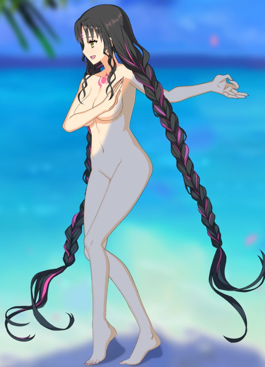 amber_eyes beach belly_button black_hair blurred_background blurry_background blush chest_tattoo convenient_censoring covering_breasts covering_crotch embarrassed embarrassed_nude_female fate/extra fate/extra_ccc fate/grand_order fate_(series) female flimbonio forehead_markings large_breasts long_hair nude nude_female nude_filter ok_sign painted_nails palm_tree pink_hair sesshouin_kiara sesshouin_kiara_(swimsuit_mooncancer)_(fate) shade sprite sprite_edit twin_braids two_tone_hair