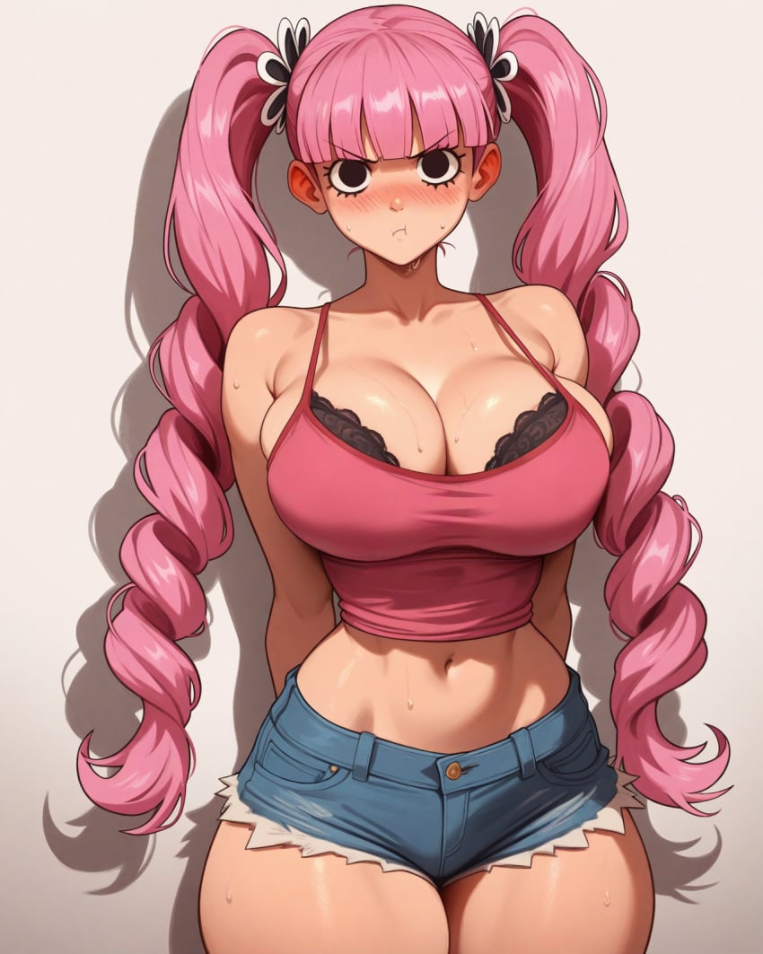 1girls ai_generated alternate_costume angry bangs bare_shoulders big_breasts black_eyes blunt_bangs blush booty_shorts bra breasts cleavage clothing collarbone curvy drill_hair eyebrows_visible_through_hair eyelashes female female_focus female_only fringe frown highres hips hotpants human jean_shorts kyuppi large_breasts looking_at_viewer midriff navel one_piece perona pink_hair pout revealing_clothes shadow shiny_skin short_shorts shorts sideboob simple_background skimpy skindentation sleeveless solo solo_female sweat sweatdrop tank_top thick_thighs thighs tied_hair twintails very_long_hair voluptuous white_background wide_hips