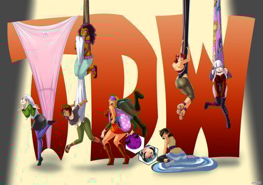 8girls anne_maria_(tdi) ass ass atomic_wedgie black_panties breasts cheetah_print childish_panties courtney_(tdi) crimson_(tdi) crying dawn_(tdi) embarrassed euf exposed_panties goth_girl grabbing_panties gwen_(tdi) hanging_wedgie humiliation lindsay_(tdi) my_little_pony polka_dot_panties pulling_own_clothes sky_(tdi) striped_panties total_drama:_pahkitew_island total_drama:_revenge_of_the_island total_drama_island upside-down wedgie white_panties zoey_(tdi)