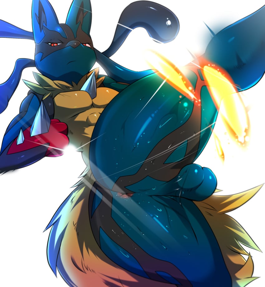 abs anthro anubian_jackal anus balls blue_body bodily_fluids canid canine canis first_person_view fur fur_markings generation_4_pokemon generation_6_pokemon genitals hi_res jackal legs_up looking_at_viewer male mammal markings mega_evolution mega_lucario motion_lines multicolored_body multicolored_fur nintendo particles pokemon pokemon_(species) red_eyes simple_background solo solo_male sweat thick_thighs white_background zerrymon