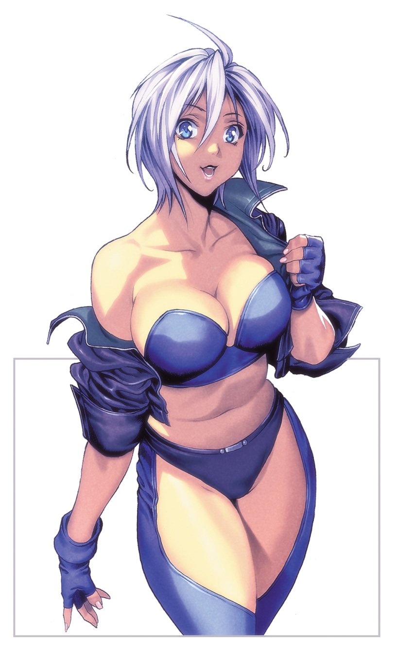 1girls angel_(kof) bare_shoulders black_panties blue_bra border bra breasts chaps cleavage collarbone cowboy_shot female female_focus female_only fingerless_gloves gloves hair_between_eyes hi_res homare_(fool's_art) jacket king_of_fighters king_of_fighters_2001 large_breasts leather_jacket looking_at_viewer midriff navel off_shoulder open_jacket open_mouth short_hair smile snk solo standing underwear white_background white_hair