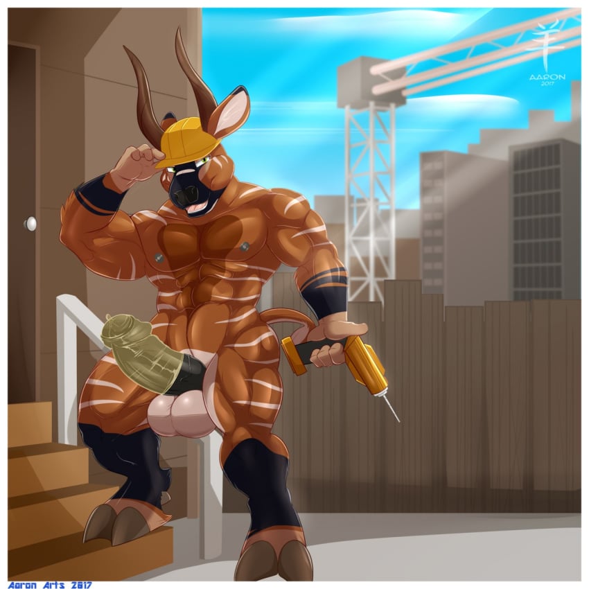 2017 4_fingers aaron_(artist) abs antelope anthro armor balls belly biceps big_penis biped black_fur black_markings black_nose black_penis blue_sky bongo_(antelope) border brown_fur brown_horn brown_tail city cloud cloven_hooves condom construction construction_site day detailed_background digital_media_(artwork) drill ear_markings erection facial_markings fence foreskin front_view full-length_portrait fur gloves_(marking) green_eyes grey_hooves grey_nipples hard_hat helmet hi_res holding_object hooves horn huge_cock humanoid_penis looking_at_viewer male male_only mammal markings multicolored_fur multicolored_tail muscular muscular_male nico_voeller nipples nude open_mouth outside partially_retracted_foreskin pecs penis pepsi_(fa) pink_tongue portrait pose quads signature sky solo spread_legs spreading stairs standing step_pose striped_fur stripes sunlight tan_fur teeth thick_penis tongue uncut vein veiny_penis wearing_condom white_balls white_border white_fur white_stripes white_tail work