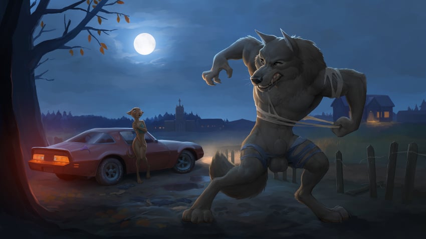 2018 absurd_res animal_genitalia anthro balls black_nose bottomless bottomless_anthro bottomless_female bottomwear brown_body brown_fur canid canine canis car chihuahua clenched_teeth clothed clothing covering covering_self detailed_background digital_media_(artwork) discarded_bottomwear discarded_clothing discarded_panties discarded_shorts discarded_underwear domestic_dog duo female full_moon fur general_motors genitals grey_body grey_fur hi_res larger_male looking_at_another male mammal moon mostly_nude mostly_nude_anthro mostly_nude_male muscular muscular_male mythological_canine mythological_creature mythology night nipple_outline open_mouth outside panties pontiac pontiac_firebird sheath shirt shorts size_difference smaller_female solo_focus standing tan_body tan_fur tank_top teeth topwear torn_clothing toy_dog underwear vehicle werecanid werecanine werecreature werewolf wide_eyed wolf zaush