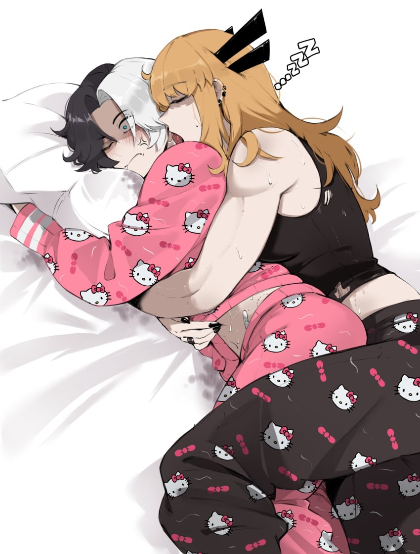 2girls female female_only hello_kitty_(series) hugging kissing licking licking_neck luna_snow luna_snow_(marvel_rivals) magik_(illyana_rasputin) magik_(marvel_rivals) marvel marvel_rivals masoq095 pajamas sleeping spooning sweat sweating yuri