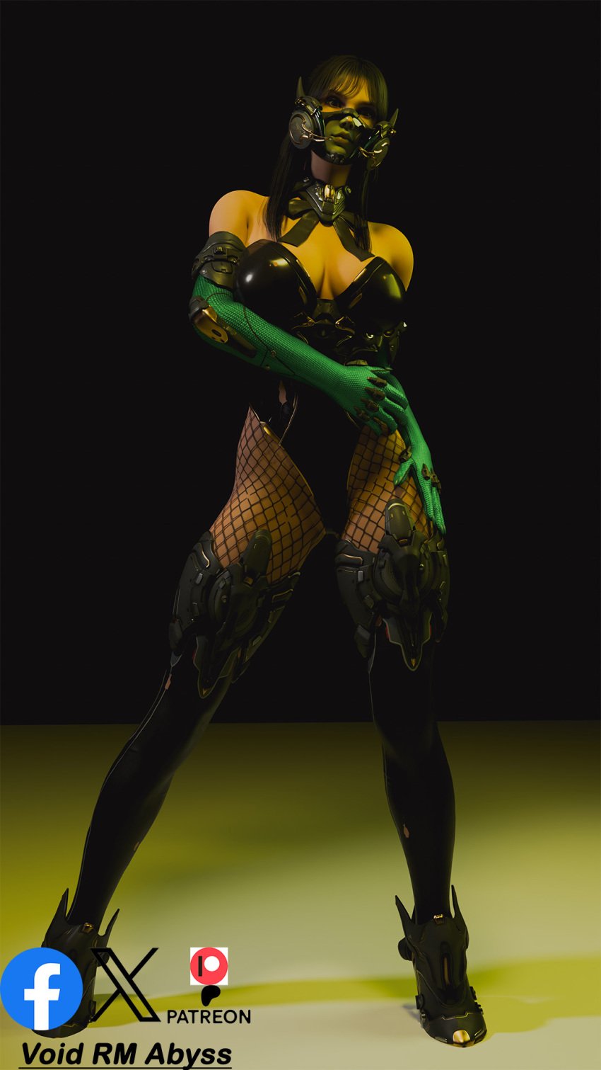 black_hair bottle breasts catwalk club fashion fashion_model fashion_show female female_focus female_only freyna_(the_first_descendant) green_lingerie lingerie mask masked_female patreon patreon_artist pole_dancing stripper the_first_descendant