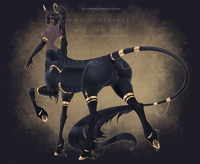 anus areola armwear black_hair breasts centaur clitoris clitoris_piercing clothing ear_piercing elbow_gloves equid equid_taur equine european_mythology female genital_piercing genitals gloves gold_(metal) gold_hooves gold_jewelry greek_mythology hair handwear hi_res hooves horn humanoid_taur jewelry long_hair looking_at_viewer looking_back looking_back_at_viewer mammal mammal_taur mostly_nude mythological_creature mythological_equine mythology nipples piercing ponytail pussy solo taur unicorn unicorn_taur wmdiscovery93 yellow_eyes