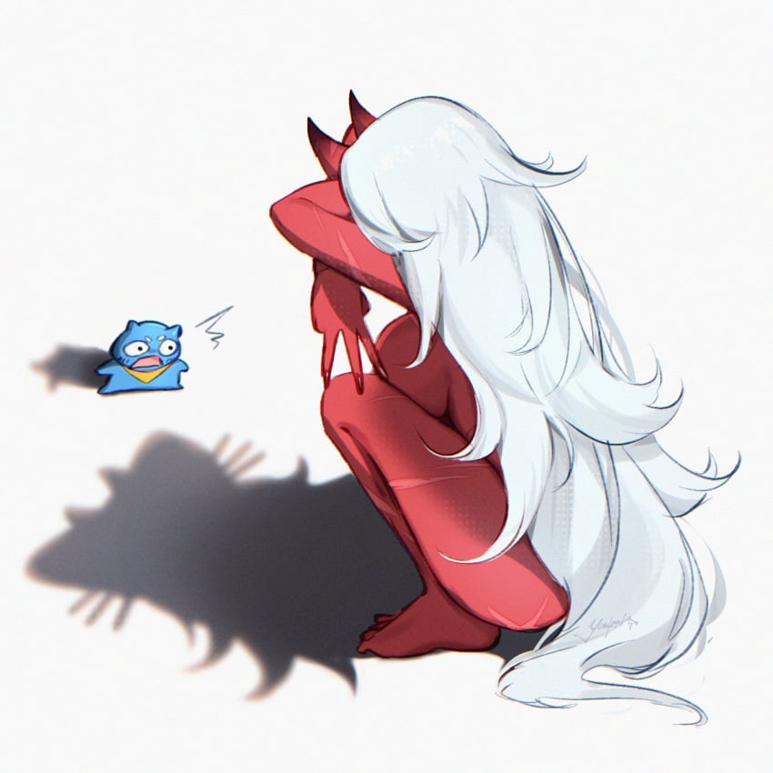 akumi ass barefoot blurry blurry_foreground depth_of_field female from_behind full_body horns long_hair nude red_skin squatting striped very_long_hair vyugen white_hair yoclesh