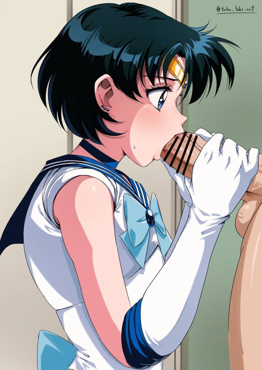 1boy absurdres ami_mizuno bar_censor bishoujo_senshi_sailor_moon blue_choker blue_hair bow censored choker commentary_request earrings elbow_gloves fellatio female gloves head_out_of_frame highres jewelry large_penis multiple_earrings multiple_piercings oral penis profile sailor_collar sailor_mercury short_hair sweatdrop takatsuki_p tiara white_gloves