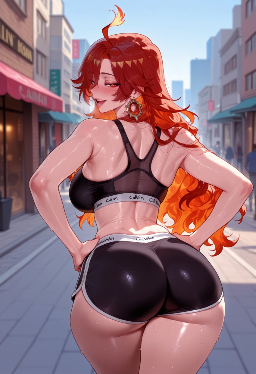 1girls ahoge ai_generated ass ass_focus back balecxi bangs bare_arms bare_shoulders black_bra black_clothes black_shorts black_sports_bra black_underwear blue_sky blush bra breasts building city clothing cloud crop_top curvaceous curvaceous_female curvaceous_figure curvy curvy_figure day dolphin_shorts earrings exhibitionism female female female_focus female_only from_behind genshin_impact hands_on_hips hands_on_own_hips hoyoverse huge_ass indoors inviting inviting_to_sex jewelry large_breasts lips long_hair looking_at_viewer looking_back mavuika_(genshin_impact) midriff multicolored_hair open_mouth orange_hair original outdoors outside presenting presenting_ass presenting_breasts presenting_hindquarters presenting_self red_eyes red_hair seductive seductive_look seductive_smile shiny_skin short_shorts shorts sideboob sky smile solo sports_bra sportswear standing sweat tank_top thick_thighs thighs underwear voluptuous voluptuous_female wet