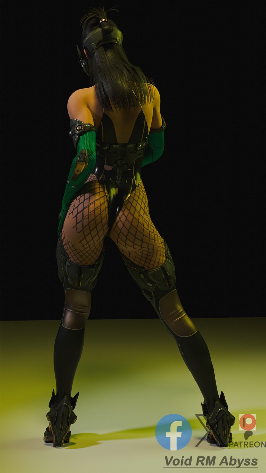 ass back_view big_ass big_breasts big_butt big_nipples big_thighs black_hair bottle breasts catwalk club fashion fashion_model fashion_show female female_focus female_only freyna_(the_first_descendant) green_lingerie lingerie mask masked_female patreon patreon_artist perfect_ass perfect_body pole_dancing stripper the_first_descendant tights
