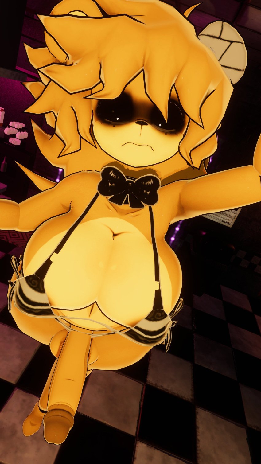 1futa 3d anthro big_breasts big_penis bikini black_eyes bowtie five_nights_at_freddy's fnaf fredina's_nightclub from_above furry futanari golden_freddy_(fnaf) golden_fredina_(cally3d) looking_at_viewer sloppydragons solo tagme type_0 vrchat