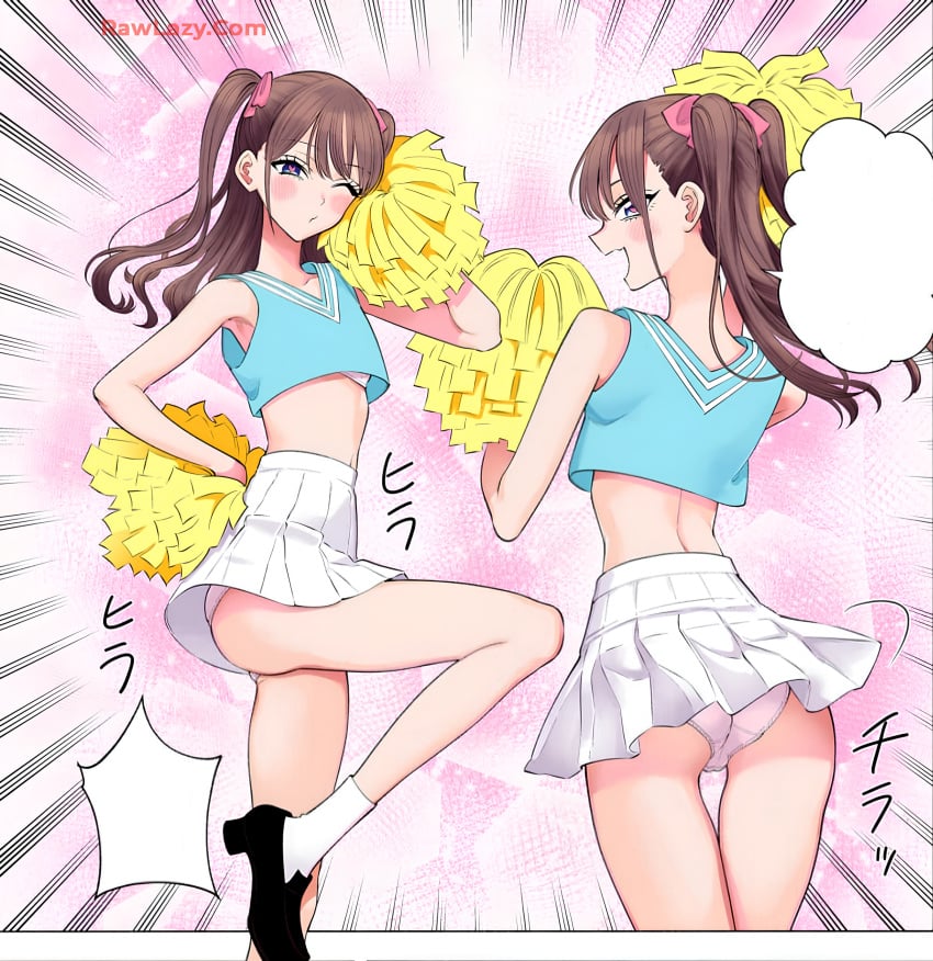 2.5_jigen_no_ririsa armpits ass ass_visible_through_thighs back back_view bare_arms bare_belly bare_legs bare_shoulders bare_thighs blush brown_eyes brown_hair cheering cheerleader_uniform cosplay hashimoto_yuu long_hair long_legs manga midriff official_art one_eye_closed panties pantyshot parted_lips pink_panties shoes skirt sleeveless_shirt socks tachibana_mikari thighs twintails underwear white_socks wink