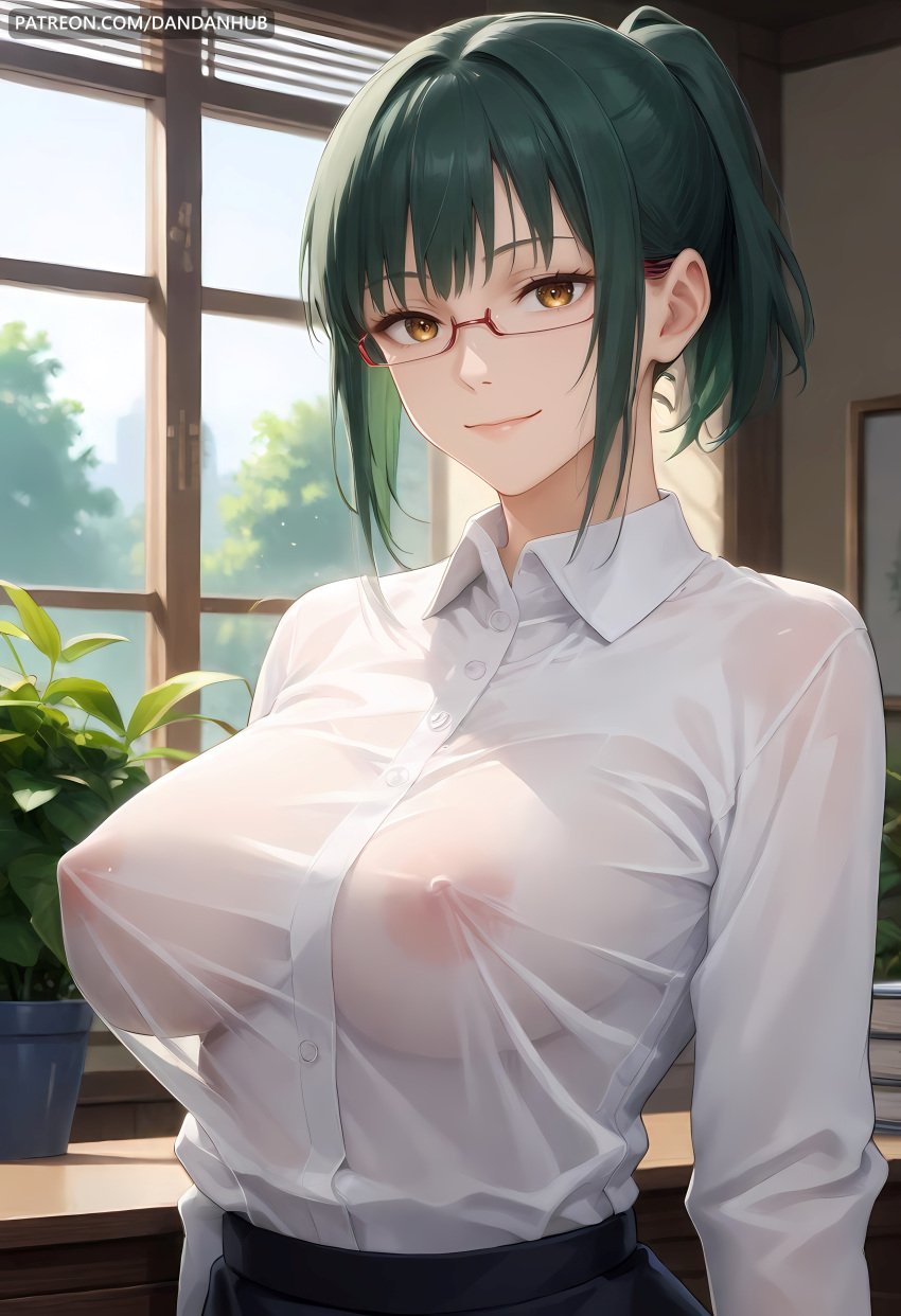 ai_generated bangs black_skirt breasts brown_eyes closed_mouth collared_shirt covered_nipples dandanhub dress_shirt female glasses green_hair indoors jujutsu_kaisen large_breasts long_sleeves looking_at_viewer nipples no_bra plant ponytail see-through shirt shirt_tucked_in sidelocks skirt smile solo upper_body white_shirt window yellow_eyes zenin_maki