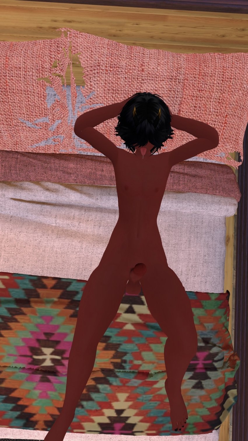 black_hair cock completely_nude demon demon_boy demon_horns dick erect_penis incubus laying_down laying_on_bed male nude penis red_skin solo solo_male tongue_out vrcfemboy vrchat vrchat_avatar