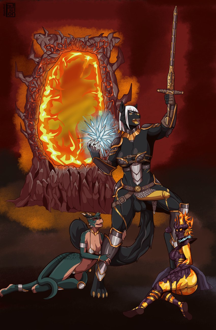absurd_res anthro argonian armor ashra-nour ass balls belt bethesda_game_studios bottomwear breasts clothing collar dar-ma erection felid feline female fire flame_atronach fur fur_markings genitals group gynomorph heroic_pose hi_res humanoid_genitalia humanoid_penis intersex loincloth lying magic mammal markings melee_weapon microsoft muscular muscular_gynomorph muscular_intersex oblivion on_side open_mouth outside penis portal pululon raised_arm scalie size_difference standing sword teeth the_elder_scrolls trio unconvincing_armor weapon