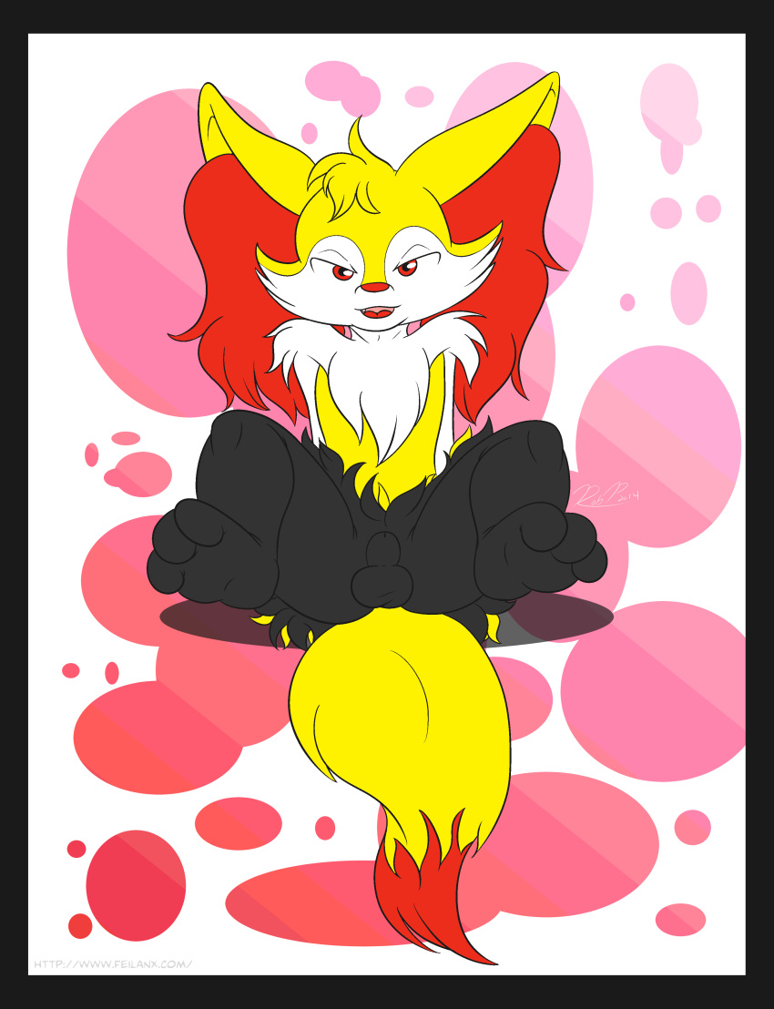 2014 3_toes abstract_background animal_genitalia anthro balls barefoot braixen canine digital_media_(artwork) fan_character femboy fully_sheathed fur half-closed_eyes hi_res inner_ear_fluff kurama_the_braixen looking_at_viewer male male_only mammal mrpandragon nintendo nude open_mouth pokémon_(species) pokemon pokemon_(species) presenting red_eyes sheath simple_background sitting smile solo spread_legs spreading teeth toes tongue video_games