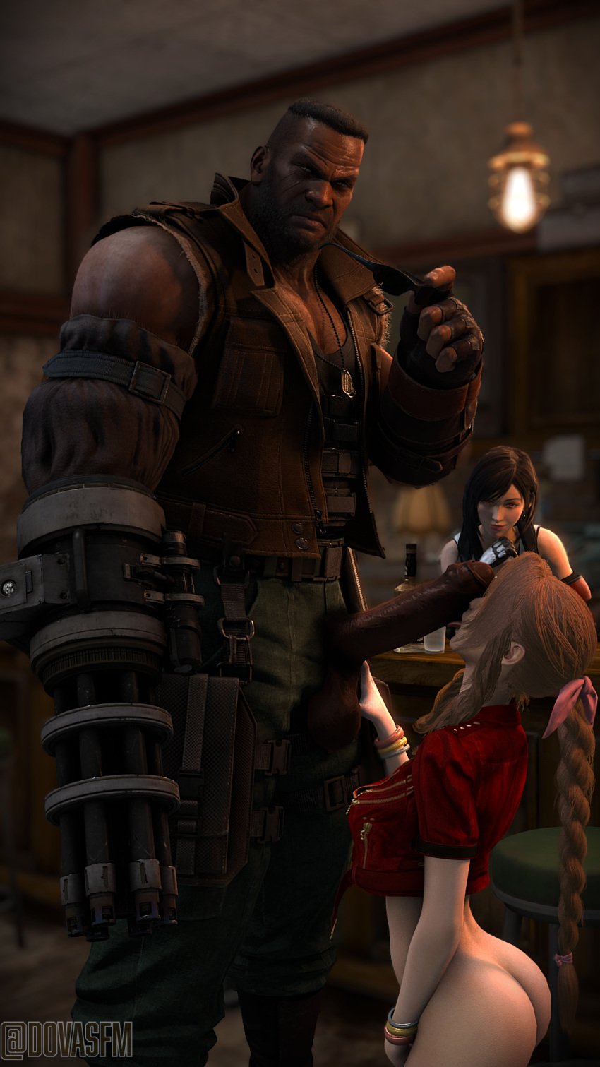 aerith_gainsborough barret_wallace blowjob clothed dark-skinned_male dovasfm final_fantasy final_fantasy_vii final_fantasy_vii_remake hairy_male imminent_sex licking_penis massive_penis pubes tifa_lockhart