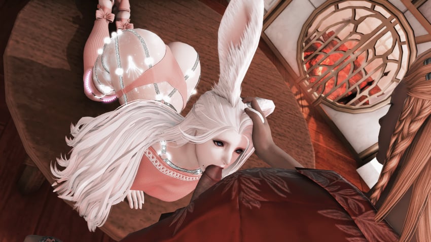 1boy1girl bnuy bunny_ears bunny_girl facefuck female final_fantasy final_fantasy_xiv long_hair male obedient on_fours penis sucking sucking_penis thirsty viera white_hair