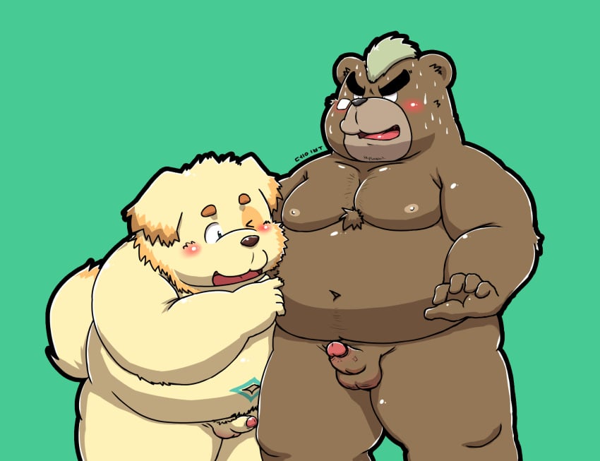 2017 anthro ashigara bear blush canine cusith erection eyebrows green_background hi_res kemono le_dave male mammal mohawk obese one_eye_closed overweight penis simple_background sweat tokyo_afterschool_summoners uncensored wink yaoi