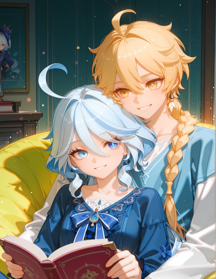 1boy 1girl aether_(genshin_impact) ai_generated bean_bag female furina_(genshin_impact) genshin_impact grin hugging hugging_from_behind male reading reading_book samhentai2 sitting_on_person smile