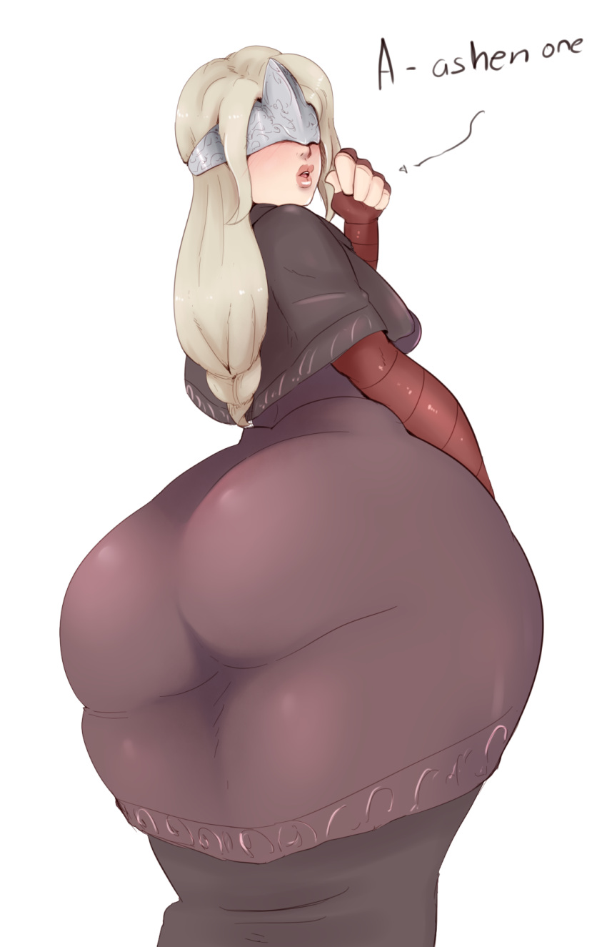 1girls ass ass_in_dress blonde clothed dark_souls dark_souls_3 female female_only fire_keeper from_behind fromsoftware headpiece huge_ass long_hair looking_at_viewer looking_back mask parted_lips solo sunnysundown text thick_thighs tight_dress voluptuous wide_hips