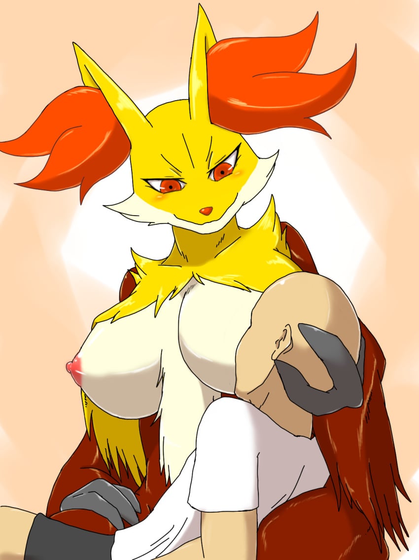 1boy 1girls anthro artist_request bald big_breasts breastfeeding breasts clothed delphox faceless_male female furry human interspecies male male_human/female_anthro male_human/female_pokemon motherly nintendo nipple_sucking nipples platonic plausibly_platonic pokemon pokemon_xy protective red_eyes straight