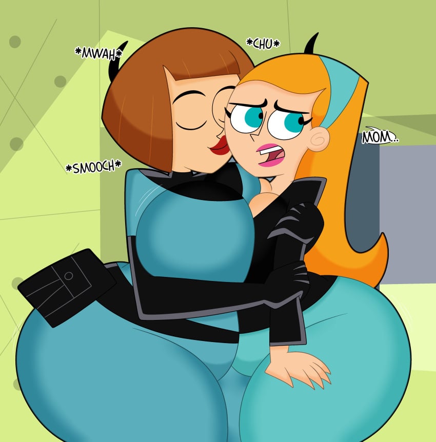 3barts big_butt danny_phantom embarrassed fully_clothed hugging jazz_fenton kissing madeline_fenton nickelodeon nicktoons smooch text wide_hips