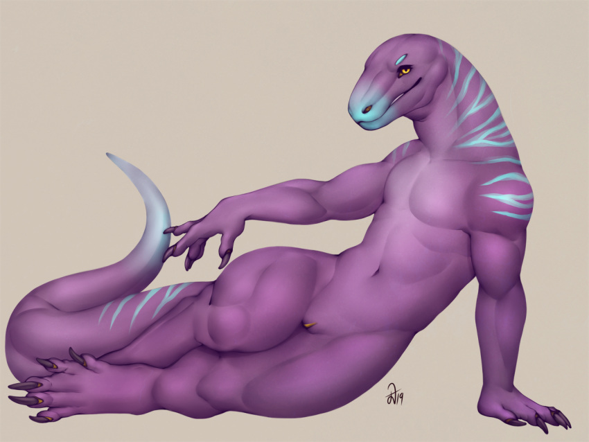 4:3 anthro claws cuntboy deormynd intersex lizard nude pecs pinup pose purple_body purple_scales pussy reptile scales scalie smile solo thick_tail toe_claws wide_hips yellow_eyes