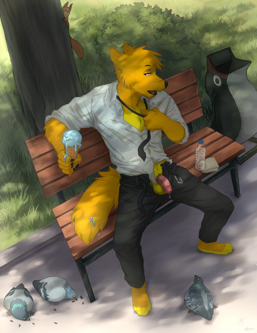 anthro avian balls beak belt bench bird bodily_fluids bottle bottomwear canid canine canis captainskee carrotwolf clothed clothing columbid container dessert detailed_background digital_media_(artwork) dripping feet feral food fur genital_fluids genitals grass half-erect heat_(temperature) hi_res holding_food holding_ice_cream holding_ice_cream_cone holding_object humanoid_genitalia humanoid_penis ice_cream ice_cream_cone male mammal necktie open_mouth outside pants penis pigeon plant precum precum_drip precum_string rodent sciurid shirt sitting spread_legs spreading sweat tail toes topwear tree tree_squirrel unbuttoned_pants unbuttoned_shirt vein veiny_penis wolf yellow_body yellow_fur