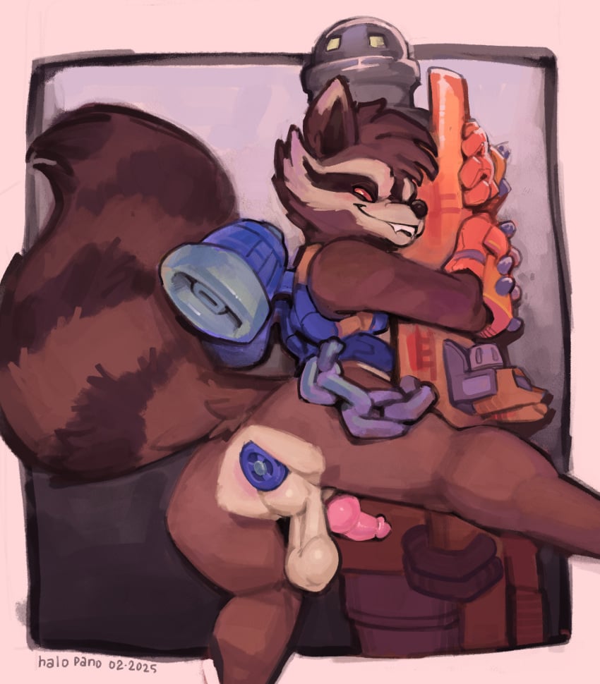 anal anal_sex ass backsack balls bite biting_lip buttplug buttplug_in_ass buttplug_insertion chains clothing genitals gloves guardians_of_the_galaxy halo-pano handwear hi_res jet_pack knot knotted_penis leaning_on_object looking_at_viewer looking_back male male_only marvel object_in_ass penetration penis plug_(sex_toy) plug_insertion presenting presenting_balls presenting_hindquarters rocket_raccoon sex_toy sex_toy_in_ass sex_toy_insertion weapon