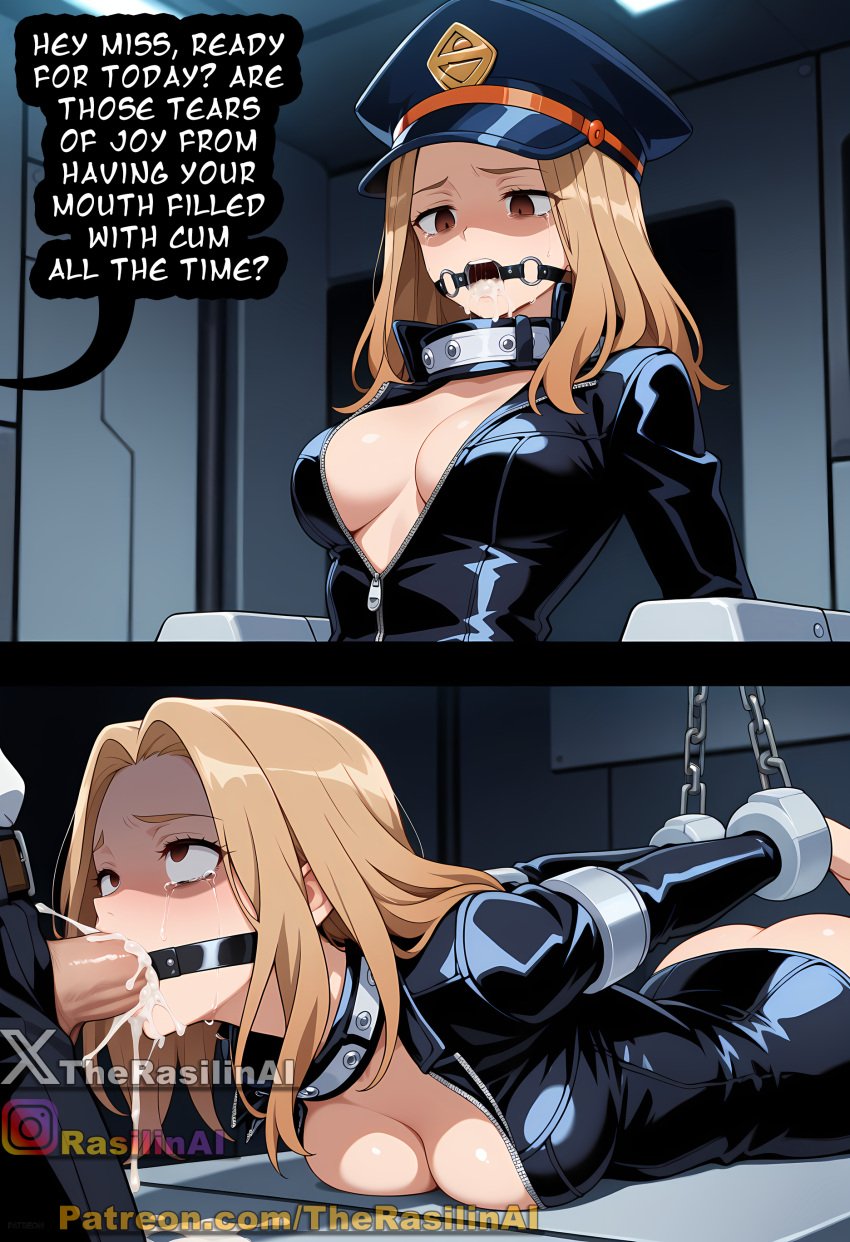 1girls 2koma ai_generated blonde_hair boku_no_hero_academia bondage bottomless bound bound_arms bound_wrists breast_press broken_rape_victim camie_utsushimi captured captured_heroine chains cleavage crying cum cum_in_mouth defeated defeated_heroine empty_eyes english english_text female forced gag gagged irrumatio medium_breasts on_stomach open_clothes oral oral_sex rape rasilinai restrained ring_gag stable_diffusion tagme tears text yellow_eyes