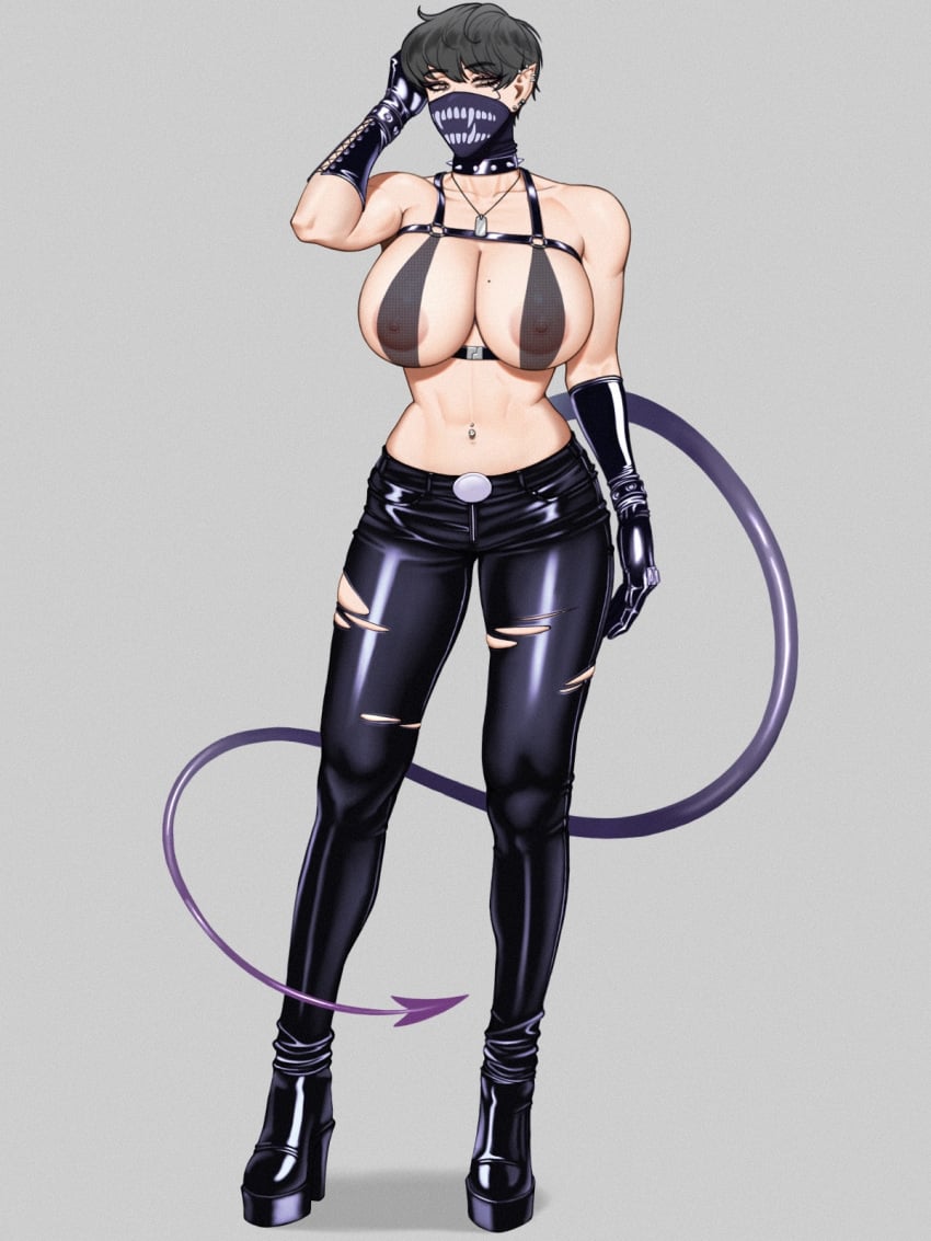 bare_shoulders belt black_gloves black_hair breasts brown_eyes cleavage collarbone covered_nipples demon_girl demon_tail denim earrings elbow_gloves female gloves grey_background high_heels highres hihizaru_badass jeans jewelry large_breasts looking_at_viewer mask nipples original pants pantyhose pointy_ears short_hair simple_background solo standing tail torn_clothes torn_pantyhose