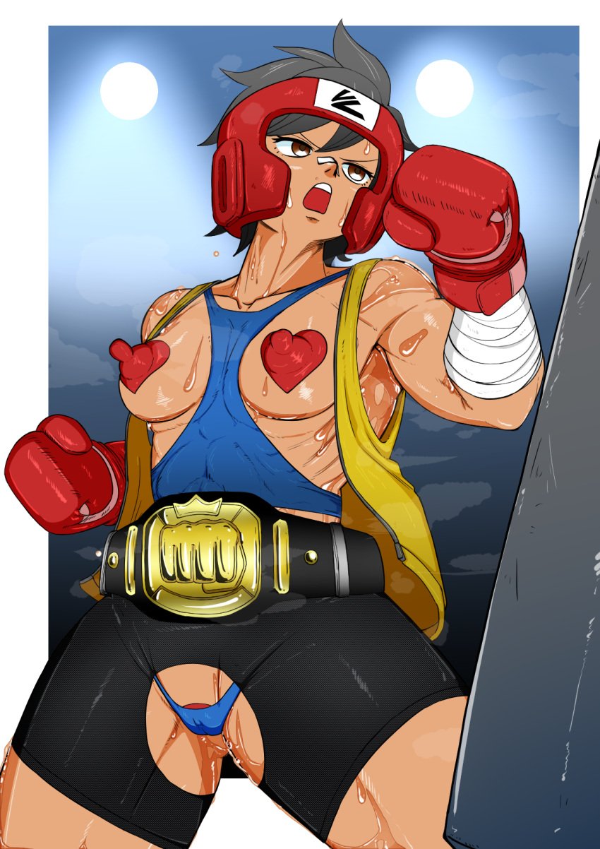 bandaid black_hair boxing_gloves breasts brown_eyes cameltoe championship_belt crop_top erect_nipples female functionally_nude headgear kuchibasi2001 muscular_female pasties punching_bag pussy_juice red_boxing_headgear revealing_clothes short_hair shorts sweat sweaty thong tomboy vest