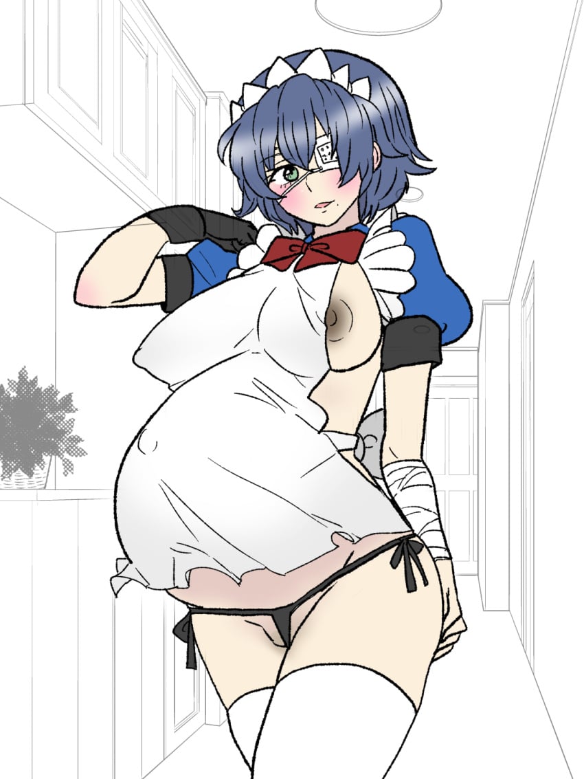 1girls apron belly big_belly blue_hair breasts eyepatch female ikkitousen nipples pbsheep18ovbt pregnant ryomou_shimei side-tie_panties solo