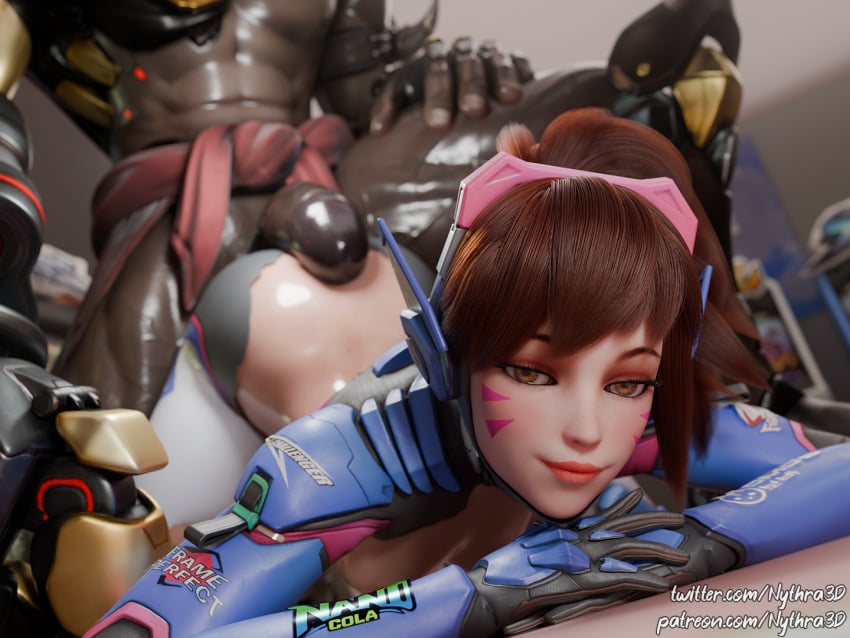 3d ass_up blender bodysuit brown_hair close-up d.va dark-skinned_male doomfist eye_contact imminent_sex interracial larger_male looking_at_viewer nythra3d overwatch overwatch_2 ponytail ripped_bodysuit ripped_clothing size_difference smiling tagme