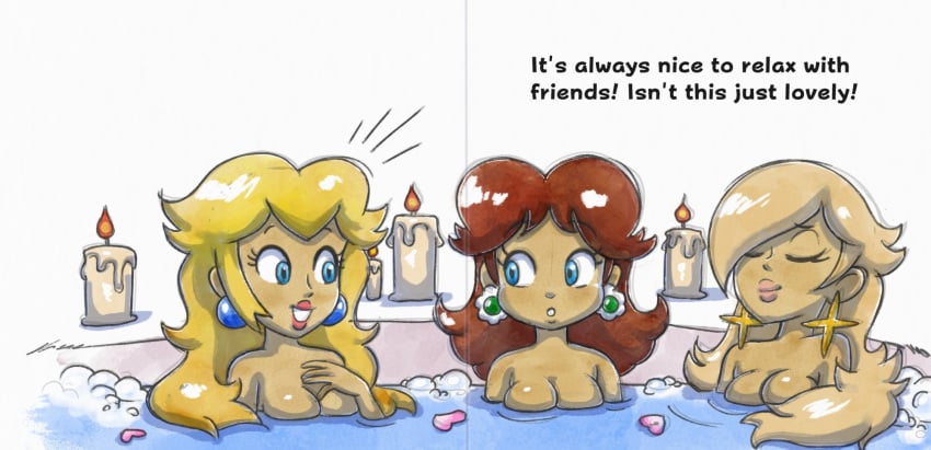 3girls bath breasts breasts_covered female hexanne mario_(series) naked nude partially_submerged princess_daisy princess_peach princess_rosalina tagme wholesome