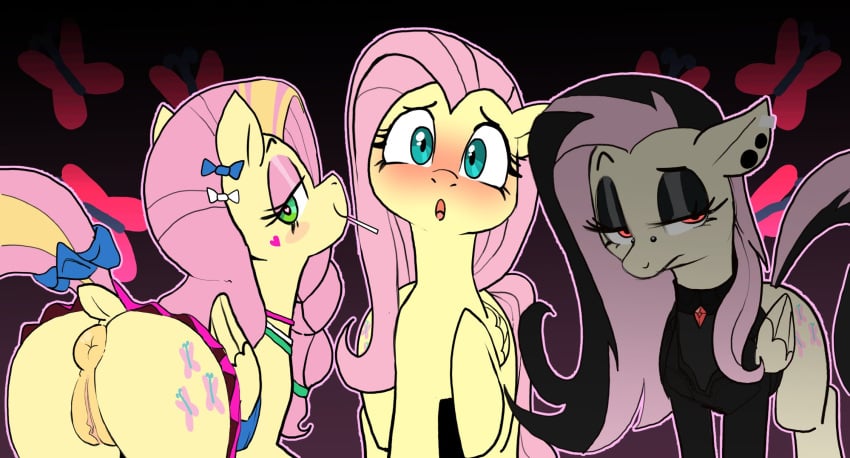 3girls blushing canaryprimary cutie_mark earrings feral feral_focus feral_only fluttershy_(mlp) goth green_eyes horse looking_at_viewer makeup mlp_g4 multiple_outfits my_little_pony not_furry open_mouth partially_clothed piercings pink_hair presenting_hindquarters presenting_pussy red_eyes tagme yellow_body