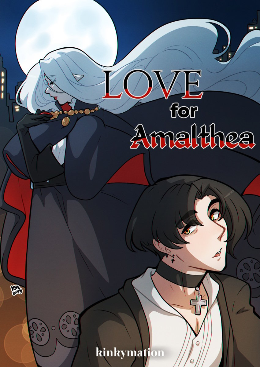 1boy 1girls amalthea_(kinkymation) black_hair closed_eyes comic_cover english_text female hi_res human kinkymation long_hair looking_at_viewer male mature_female milf orange_eyes original pale-skinned_female pale_skin pointy_ears tagme text vampire white_hair